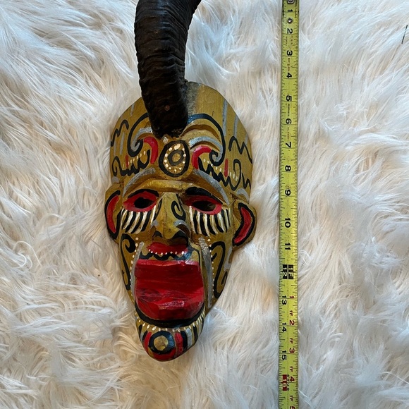 Mexican Guatemala Diablo Devil Dance Mask 1950s Vintage Carved Wood & Ram Horn - Picture 2 of 7